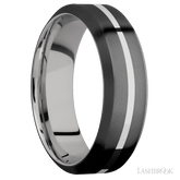 7 mm wide/High Bevel/Zirconium band with one 1 mm Centered inlay of Palladium Silver also featuring a Palladium Silver sleeve